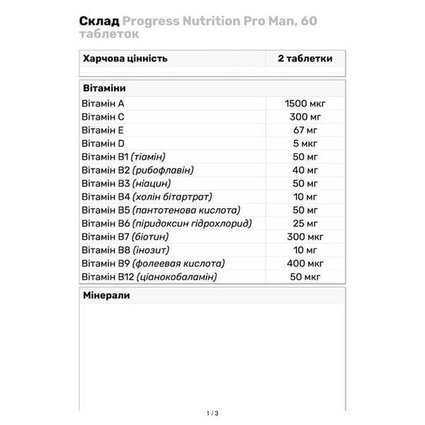 Витамины для мужчин Progress Nutrition Pro Man, 60 таблеток 110056 фото